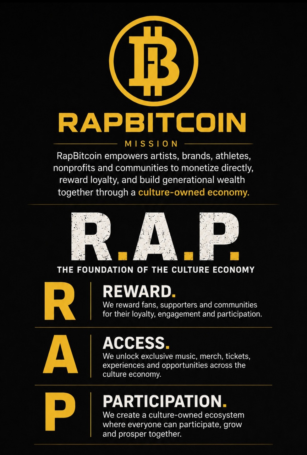 RapBitcoin R.A.P. philosophy flyer: mission, Reward, Access, and Participation
